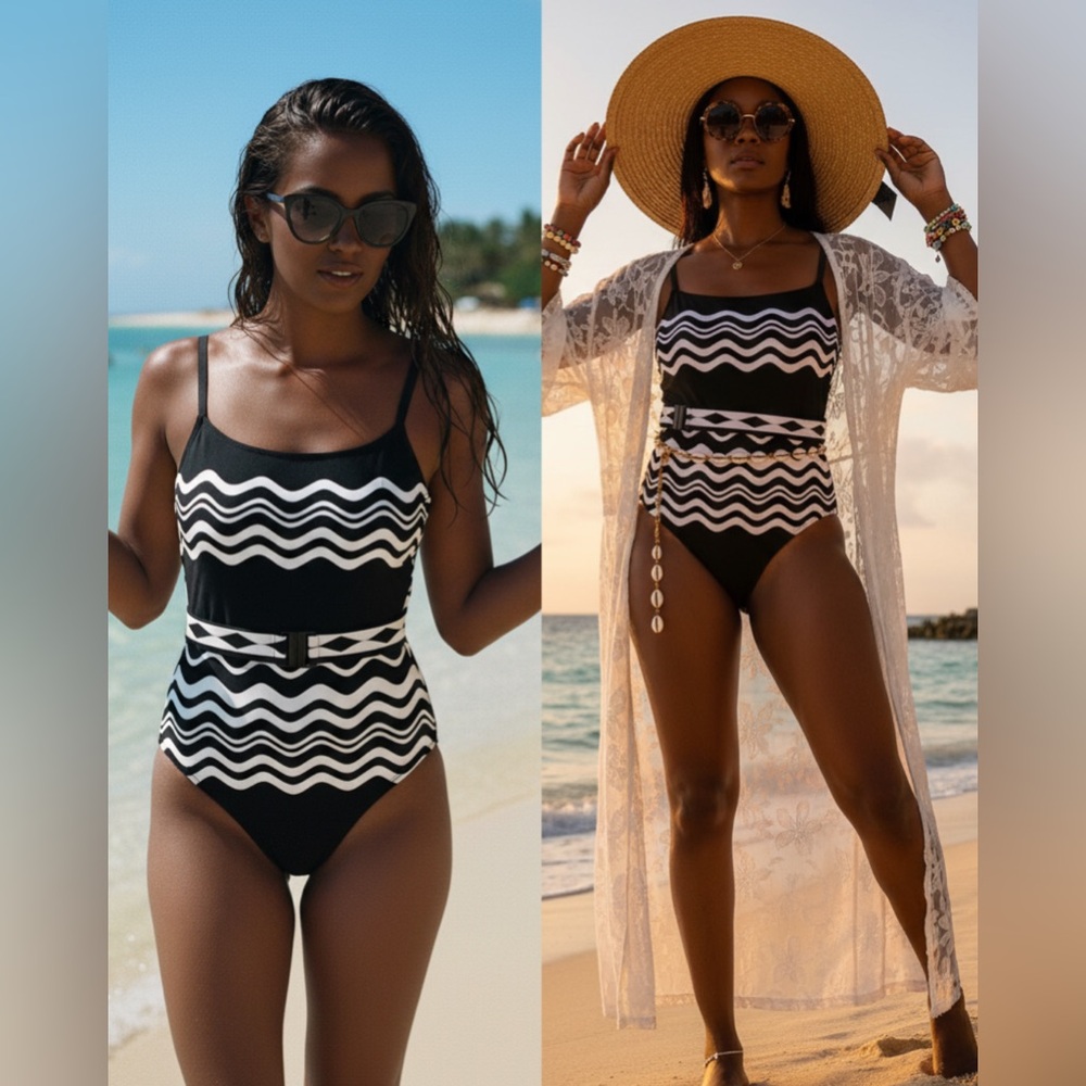 NWOT La Blanca Black and White Waist Belt One Piece Swimsuit